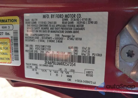 2019 Ford Fusion Se z USA, uszkodzony, nr VIN 3FA6P0LU6KR257354